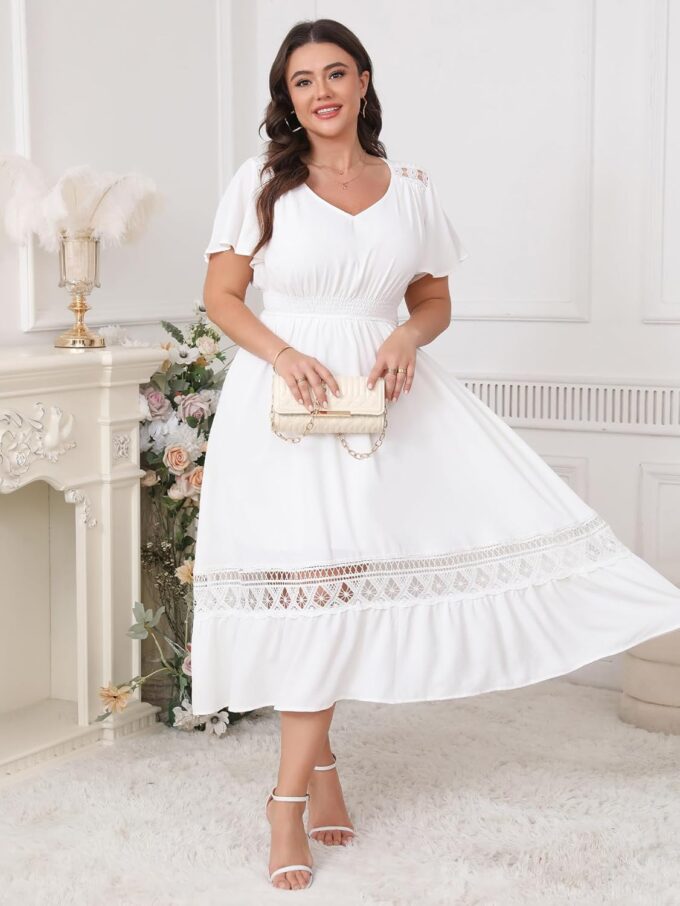 Plus Size Summer Dress V Neck Smocked High Waist Flowy A-Line Lace Trim Boho Wedding Guest Dress – Bild 6