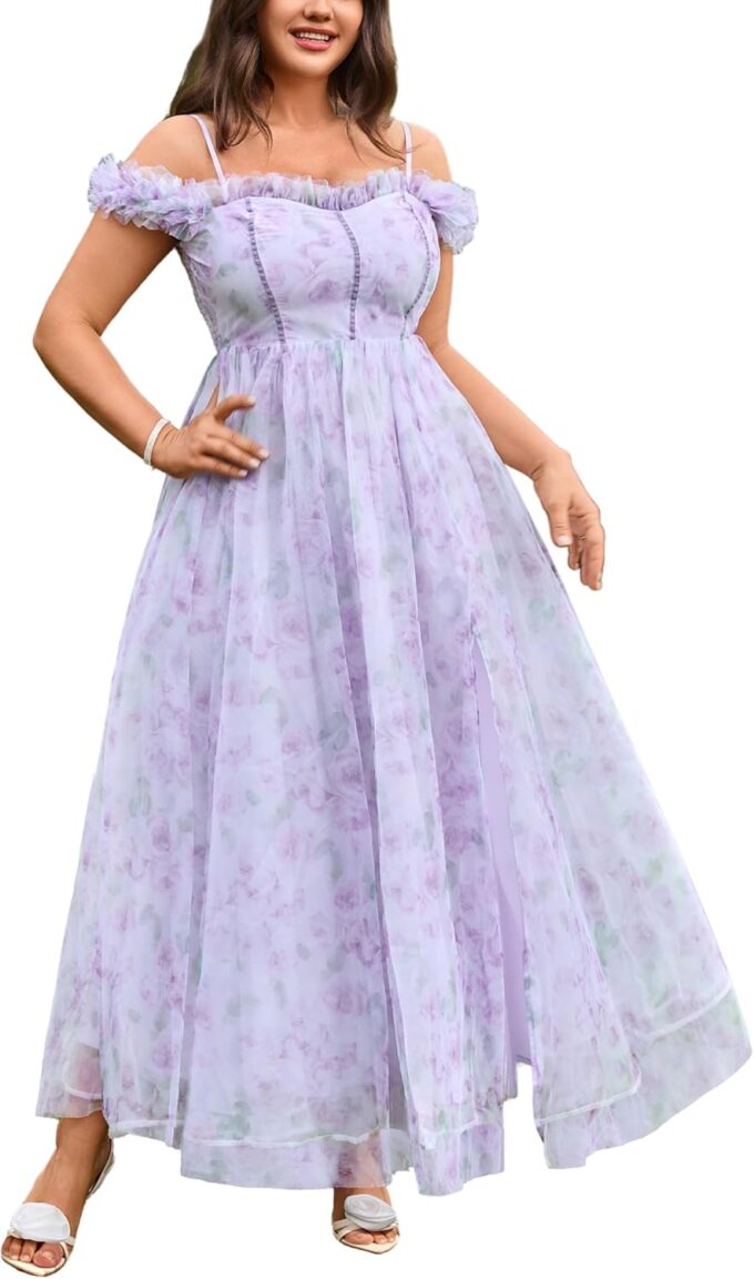 Floral Garden Dresses for Women 2025 Elegant Classy Tulle A Line Maxi Sundresses Sleeveless Smocked Off Shoulder Dress