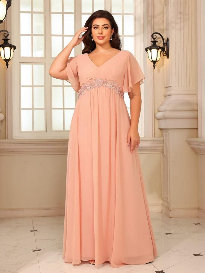 Miao Duo Plus Size Short Sleeves Mother of The Bride Dresses for Curvy Women V Neck Formal Dresses with Pockets YZTS224 – Bild 6