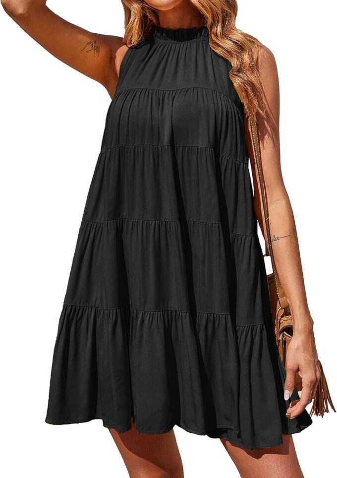 Okiwam Womens Summer Dresses 2025 Halter Sleeveless A Line Tiered Swing Sundress Casual Beach Vacation Mini Dress