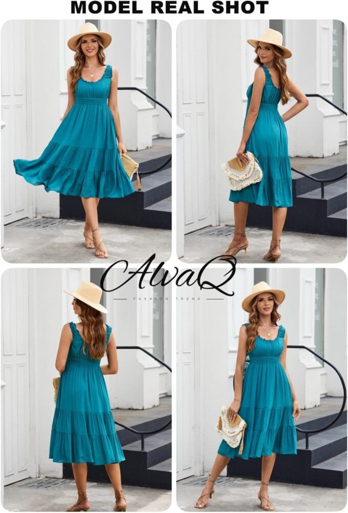 AlvaQ Women Summer Dresses Sleeveless Smocked Midi Dress High Waist Casual Tiered A Line Sundress with Pockets – Bild 5