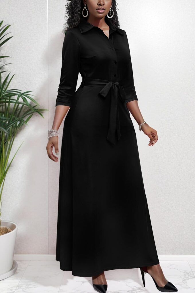 Runwind Women Church Maxi Dresses 3/4 Sleeve Button Down Print Casual Office Dress African – Bild 2