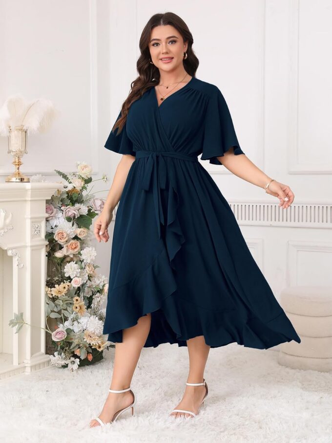 Plus Size Formal Wedding Guest Cocktail Dresses for Curvy Women Maxi Dress Wrap V Neck Short Sleeve – Bild 2