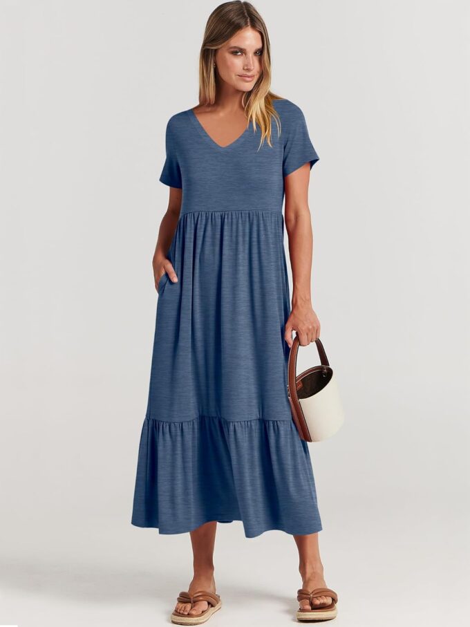 ANRABESS Women's Summer Casual Short Sleeve T Shirts Maxi Dress Flowy V Neck Tiered Beach Vacation Sundress 2025 Outfits – Bild 7