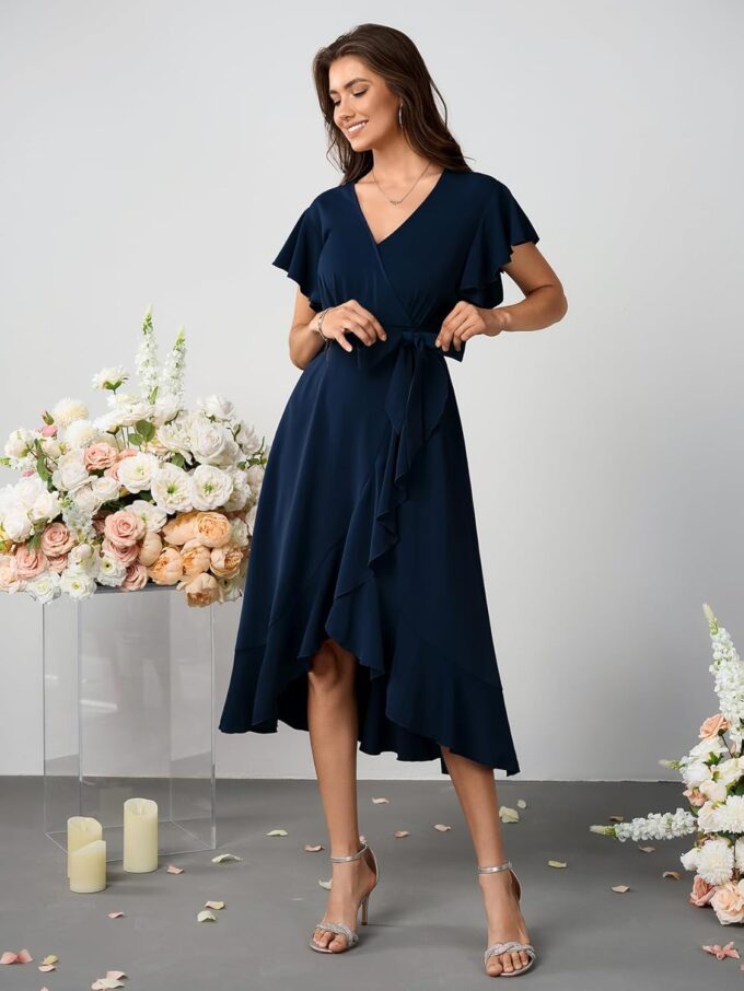 Womens Wedding Guest Midi Dress Flutter Sleeve V Neck Wrap High Low Bridesmaid Cocktail Formal Dresses for Women – Bild 4