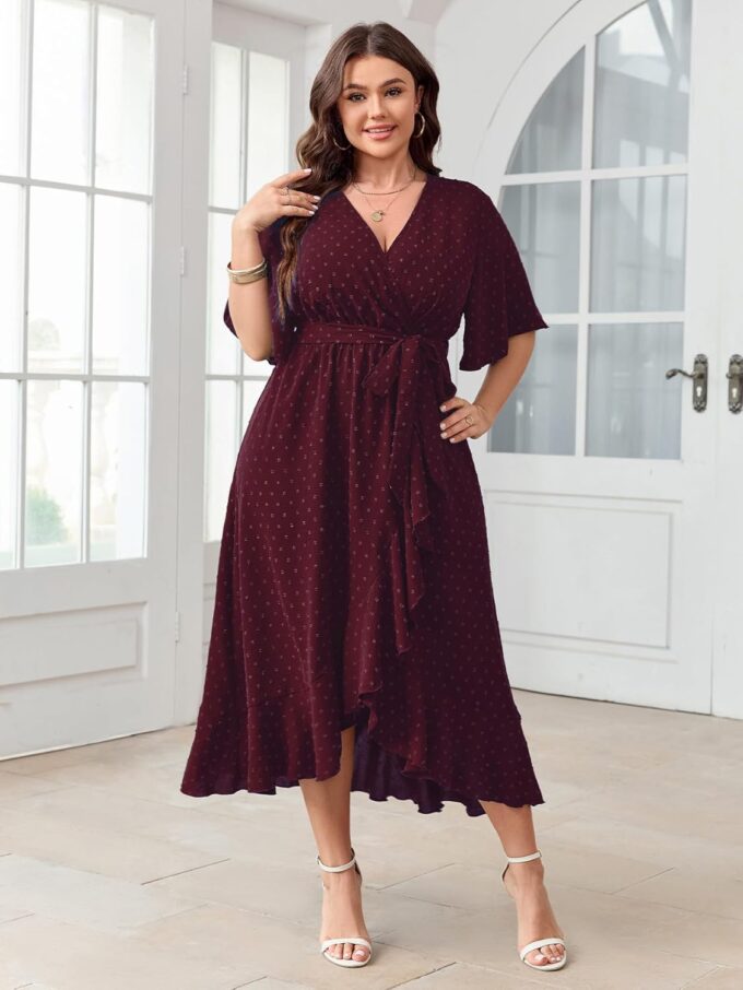 SCOMCHIC Women's Plus Size Summer Dresses Short Sleeve Wrap V Neck Swiss Dot Boho High Low Split Ruffle Maxi Dress – Bild 5