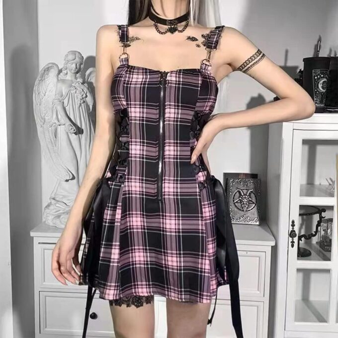 Botenwall Gothic High Waist Sexy Backless Mini Plaid Dress Mall Goth Grunge Punk Aesthetic Dresses Y2k Party Dress – Bild 3