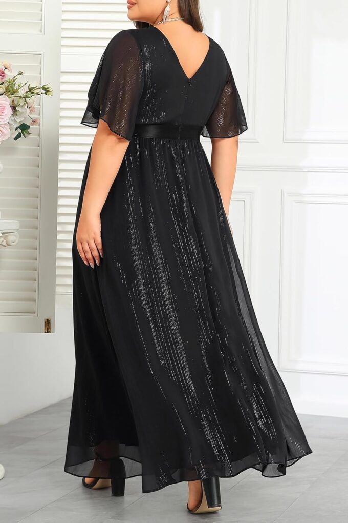 Plus Size Formal Dress - Chiffon V Neck Bridesmaid Wedding Guest Party Short Sleeve A-Line Floor Length Dresses – Bild 6