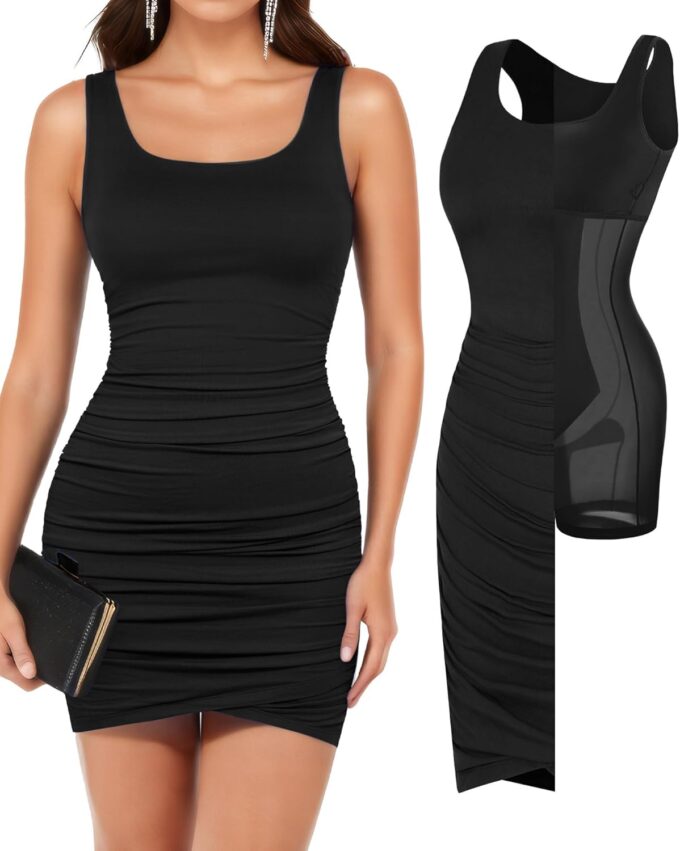 Popilush Mini Dresses for Women U-Neck Shapewear Tummy Control Bodycon Ruched Dress Party Club Date Night Going Out