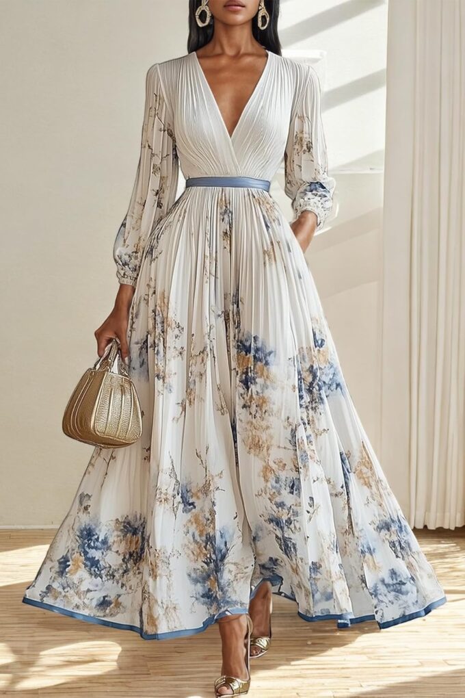 Women's Floral Printed Pleated Dress Sexy V Neck Long Sleeve Flowy A Line Party Maxi Dresses with Belt – Bild 3