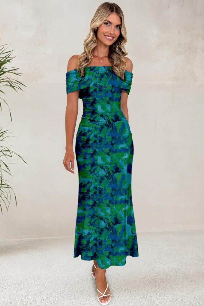 Women's Mesh Floral Maxi Dress 2025 Summer Off The Shoulder Ruched Bodycon Long Cocktail Party Fitted Dresses – Bild 3