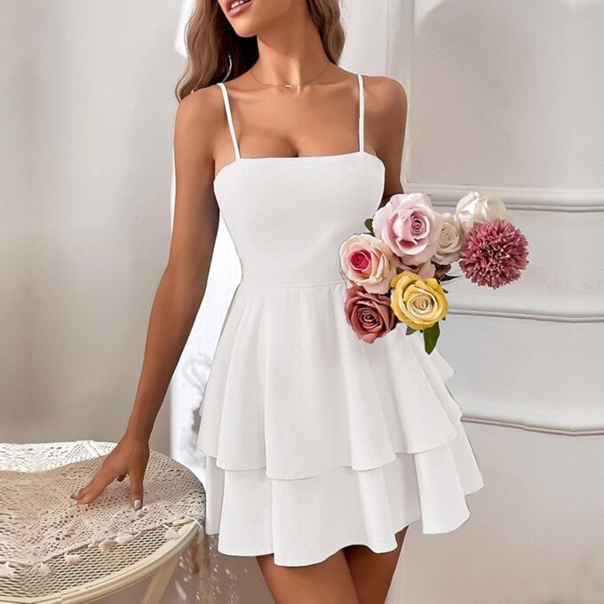 White Dress Women 2025 Summer One-Piece Neckline Strapless Bow Backless Mini Dress – Bild 6