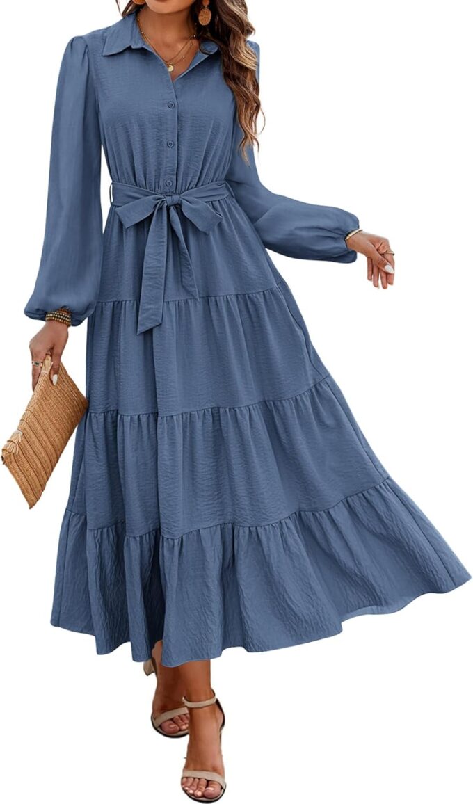 dowerme Women's Long Sleeve Dress 2025 Button Down Belted A-Line Flowy Fall Outfits Ruffle Maxi Holiday Party Dresses