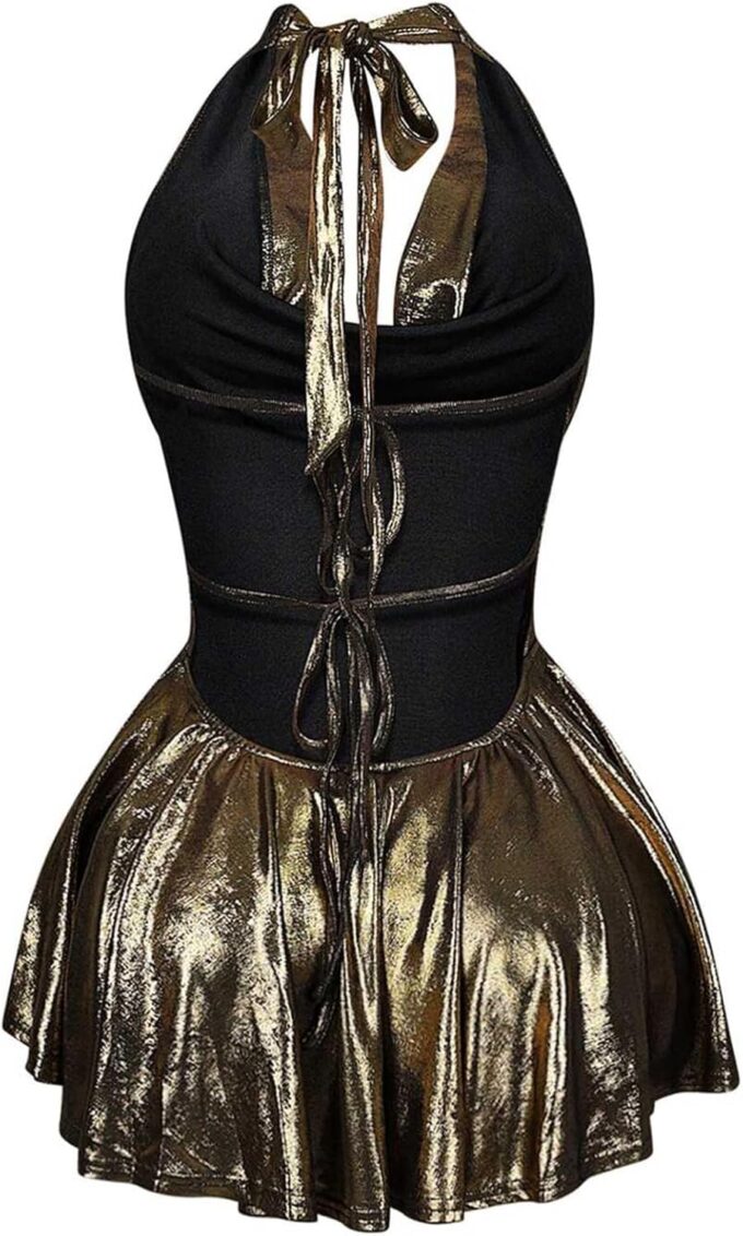 Unybwonn Women Metallic Dress Sleeveless Halter Neck Backless Ruched Mini Dresses Sexy Party Club Cocktail Short Dress – Bild 6
