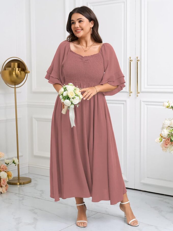 SCOMCHIC Womens Plus Size Maxi Dresses Smocked Square Neck Short Sleeve Wedding Guest Formal Flowy A-Line Long Dress – Bild 4