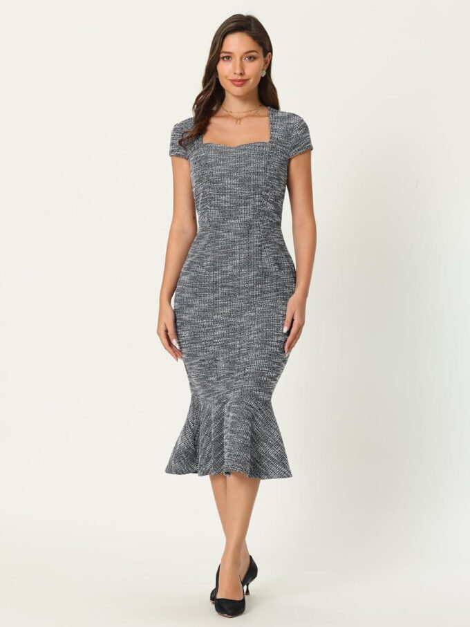 Hobemty Damenkleid aus Tweed, Fischschwanz, quadratischer Ausschnitt, Flügelärmel, formelle Arbeitskleider – Bild 2