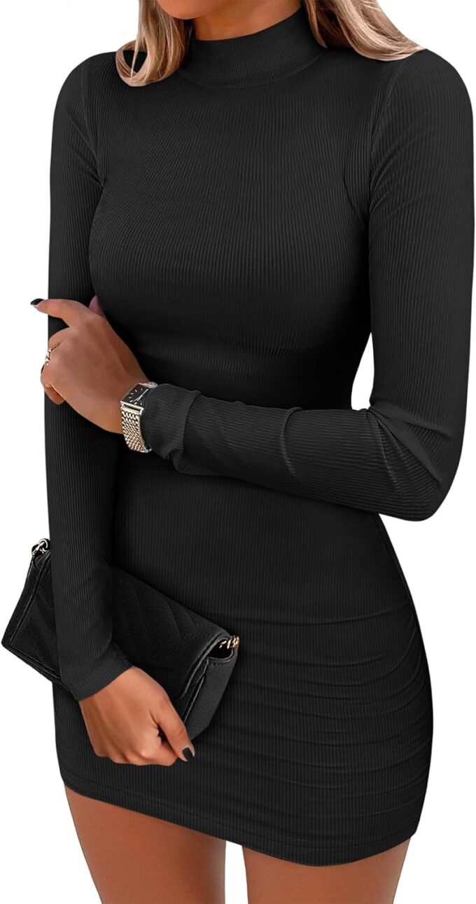 ANRABESS Women Long Sleeve Mock Neck Bodycon Mini Dress 2025 Fall Ribbed Slim Fit Pencil Cocktail Club Night Dresses