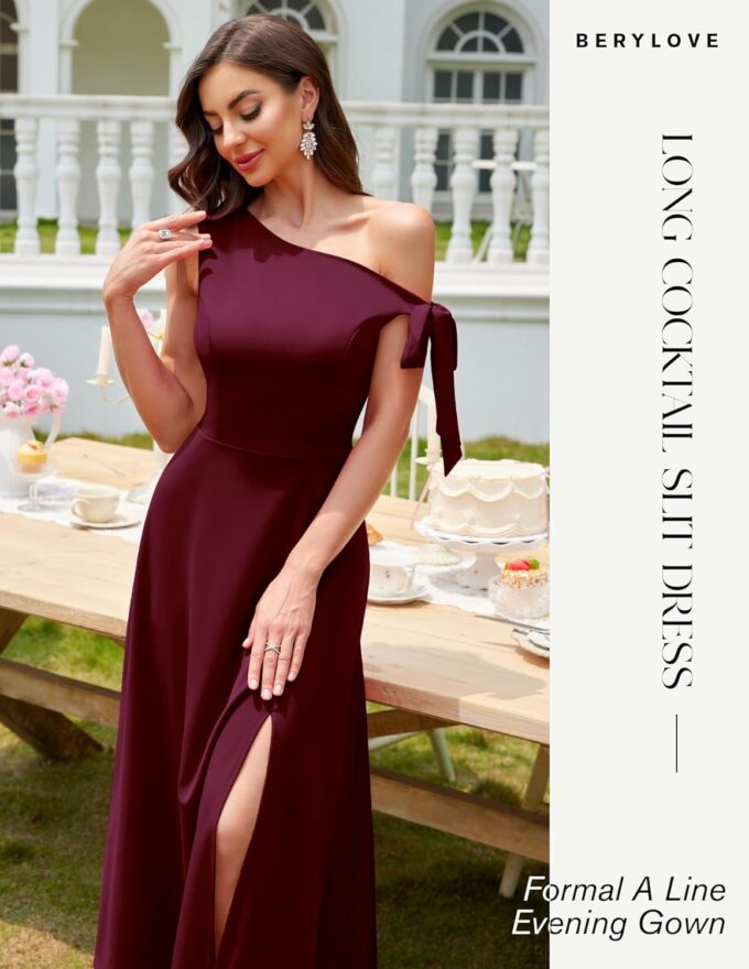 BeryLove Women's Formal Elegant Wedding Guest Dresses One Shoulder A Line Maxi Cocktail Slit Dress – Bild 4