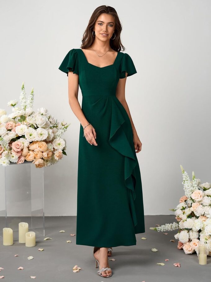 Womens Long Formal Cocktail Dresses Square Neck Split Elegant Evening Party Gowns Ruffle Wedding Guest Dress – Bild 5