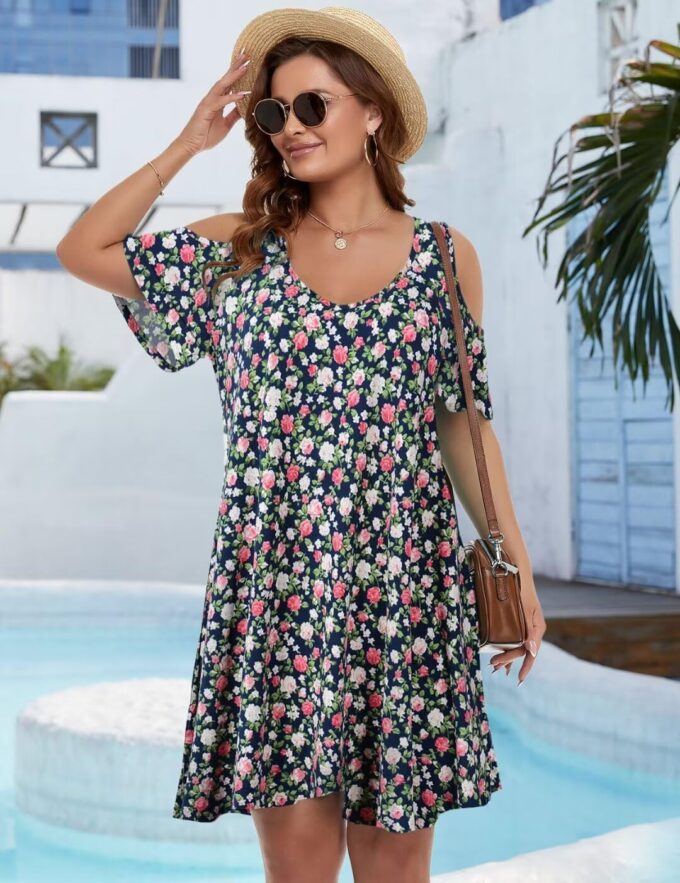 JollieLovin Womens Plus Size Short Sleeve Cold Shoulder V Neck T-Shirt Dress with Pockets – Bild 4