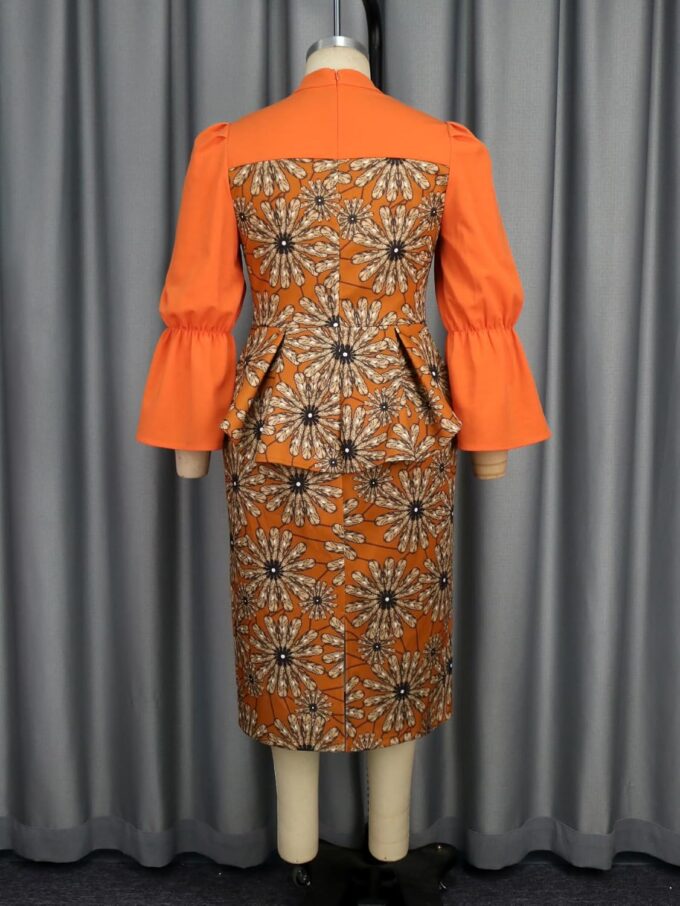 AOMEI Damen Vintage Blumendruck Hoher Ausschnitt Midi Arbeitskleid Verstecken Bauch Lange Glockenärmel Büro Business Bodycon Kleider – Bild 6