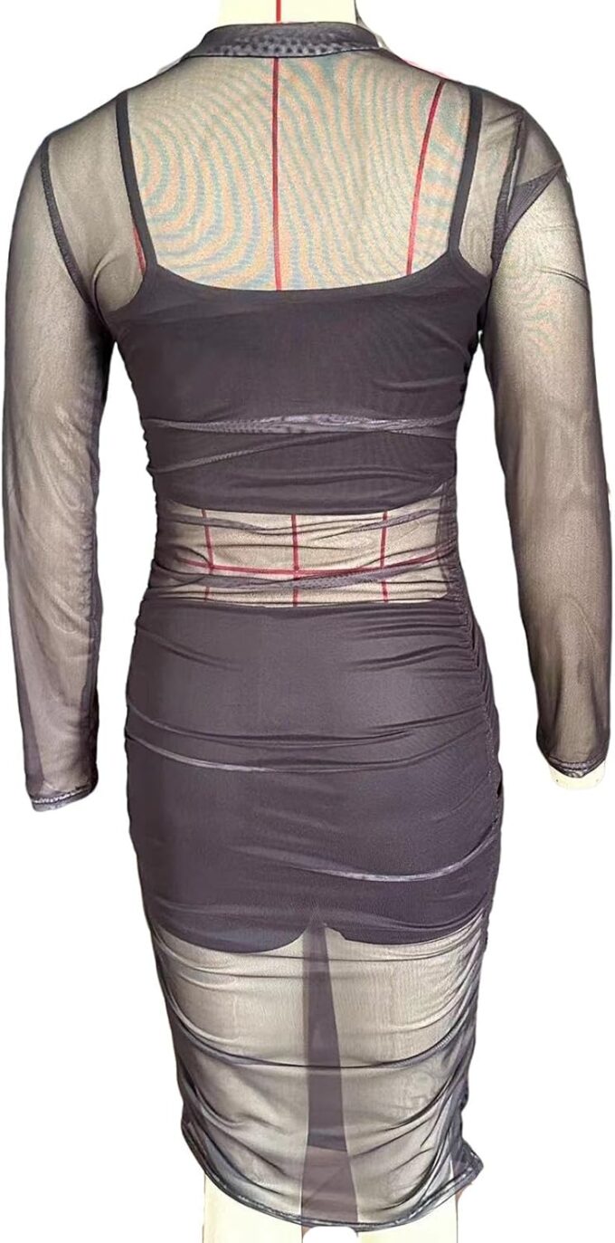 Women Sexy 3 Piece Outfits Set See Through Print Long Sleeve Midi Dress Sheer Mesh Crop Tank Tops Bodycon Skirt – Bild 5