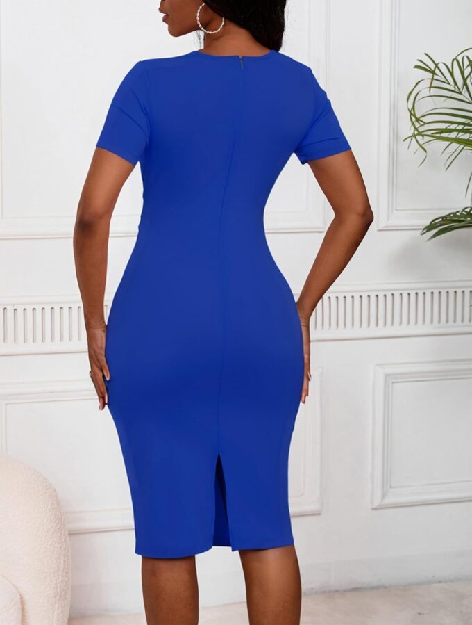 YIQ8 Damen-Midikleid mit Rundhalsausschnitt, kurze Ärmel, gerüschte Taille, Rüschen, Bleistiftkleid, figurbetontes Midikleid, Blau, Klein – Bild 4