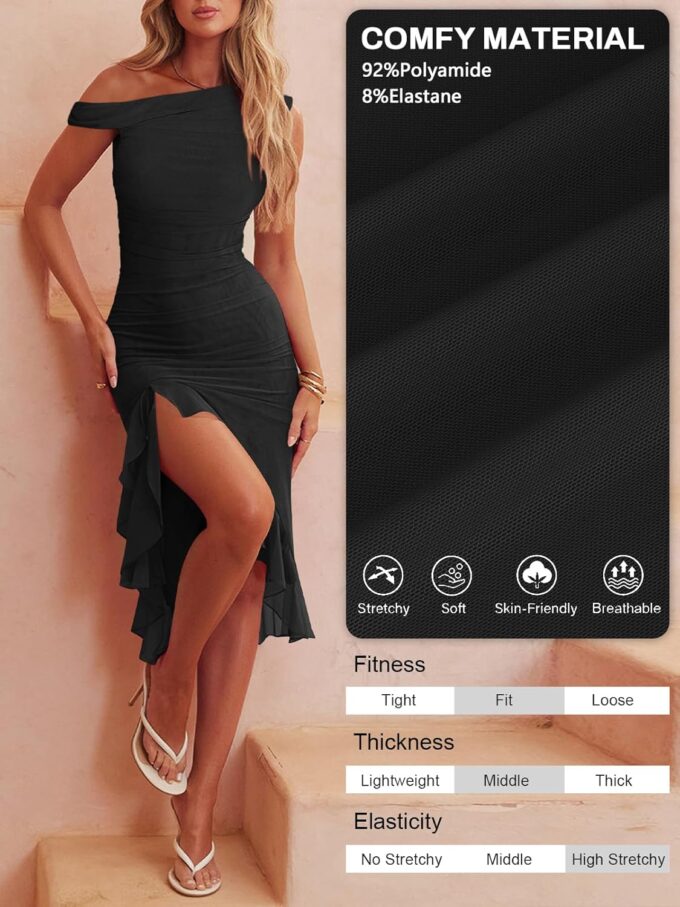 Women Sleeveless One Shoulder Bodycon Midi Dress Summer Side Slit Mesh Irregular Ruffle Cocktail Dress for Women – Bild 4