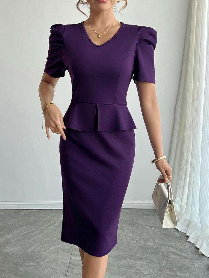 Mokayee Womens Summer Puff Sleeve V Neck Peplum Church Business Work Pencil Dresses – Bild 3