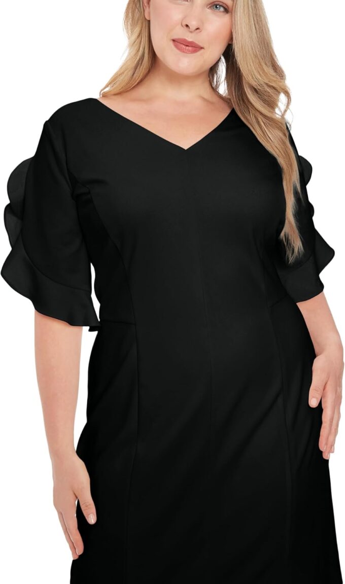 London Times Women's V-Neck Midi Sheath Ruffle Sleeves-Front Slit-Elegant Wedding Guest Cocktail Dress – Bild 4