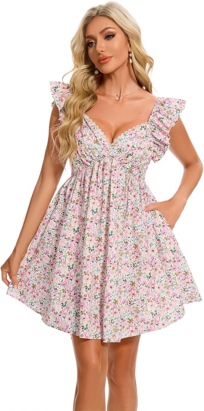 hibshaby Women's Floral Mini Dress V Neck Puff Sleeve Dress Short Babydoll Dress Sun Dress – Bild 4