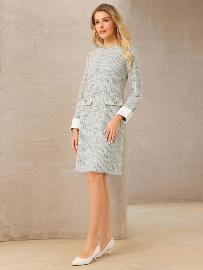 Hobemty Damen Tweed-Kleid, formelle Arbeit, langärmelig, Etuikleider – Bild 3