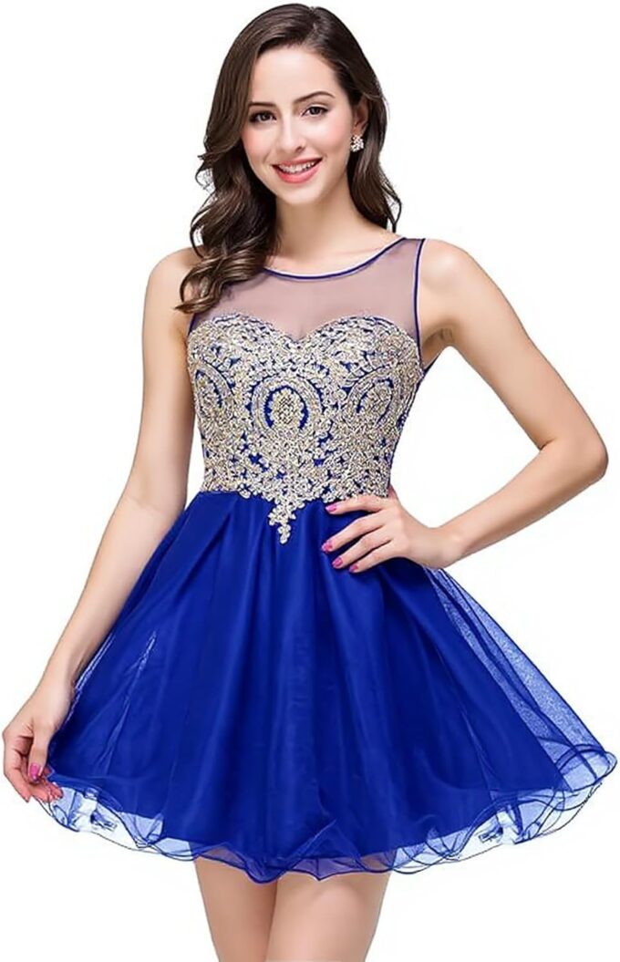 MisShow Tulle Homecoming Dresses for Teens Gold Lace Applique Short Prom Gown Sleeveless Cocktail Party Dresses