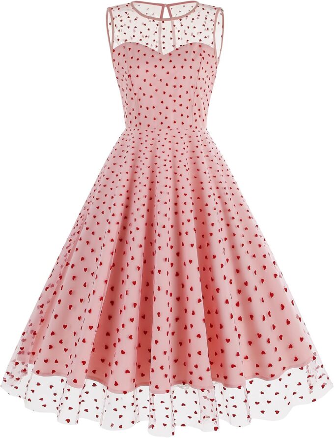 Women's 1950s Floral Embroidery Tulle Dress for Women Heart Print Dress Wedding Guest Formal Evening Party Gown