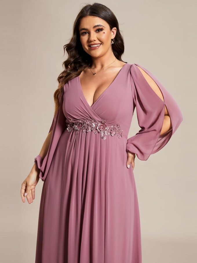 Ever-Pretty Plus Women's Floor Length V Neck Lantern Sleeves Floral Applique Plus Size Formal Dresses for Curvy Women – Bild 5