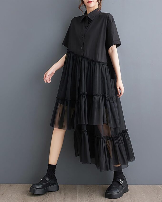 ellazhu Women's Shirt Dress Patchwork Short Sleeve Lapel Button Down Irregular Hem Tulle Solid Summer GZ225 – Bild 2