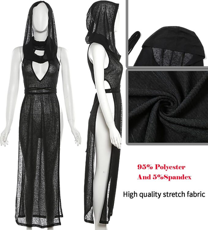 Women Goth Sheer Dress, Mock Neck Sleeveless Rave High Slit Dress with Hooded, EDM Music Festival Outfits – Bild 4