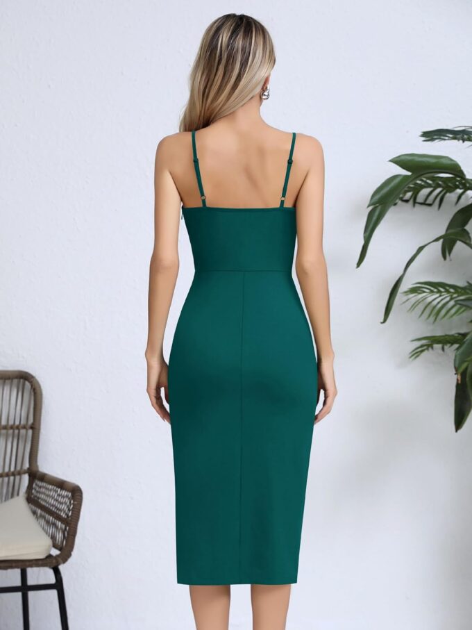 Missufe Women's Wrap V Neck Sleeveless Spaghetti Strap Ruched Bodycon Midi Slit Summer Party Cocktail Dress – Bild 5
