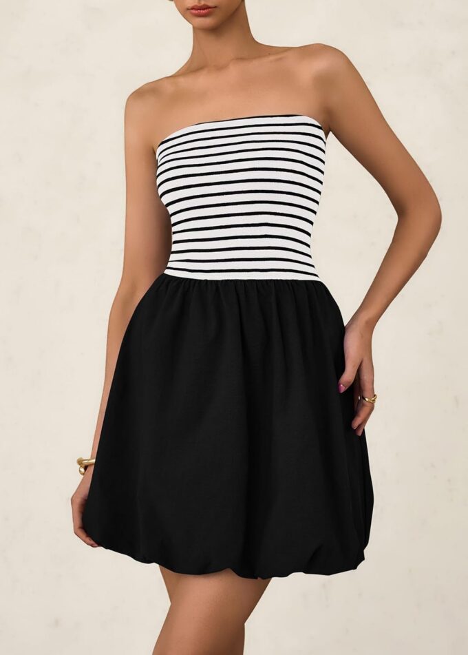 KIRUNDO Strapless Dress for Women Bubble Hem Summer Sexy Tube Top 2025 A Line Patchwork Mini Beach Vacation Sundress – Bild 4
