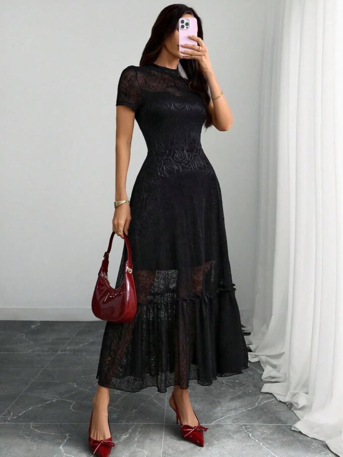 GothDark Womens Elegant Vintage Floral Lace Dress Short Sleeve Double Layer Gothic Midi Wedding Guest Casual Dress – Bild 7
