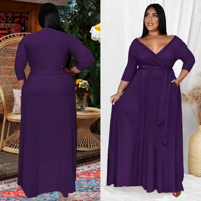 Runwind Plus Size Dress for Women - 3/4 Sleeve V Neck Printing Maxi Dresses for Women （XL-6XL） – Bild 4