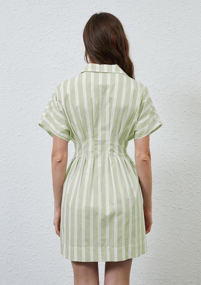 Women Button Down Pleated Shirt Dress Striped Short Sleeve Summer Casual Business Flowy Mini Short Dress – Bild 5