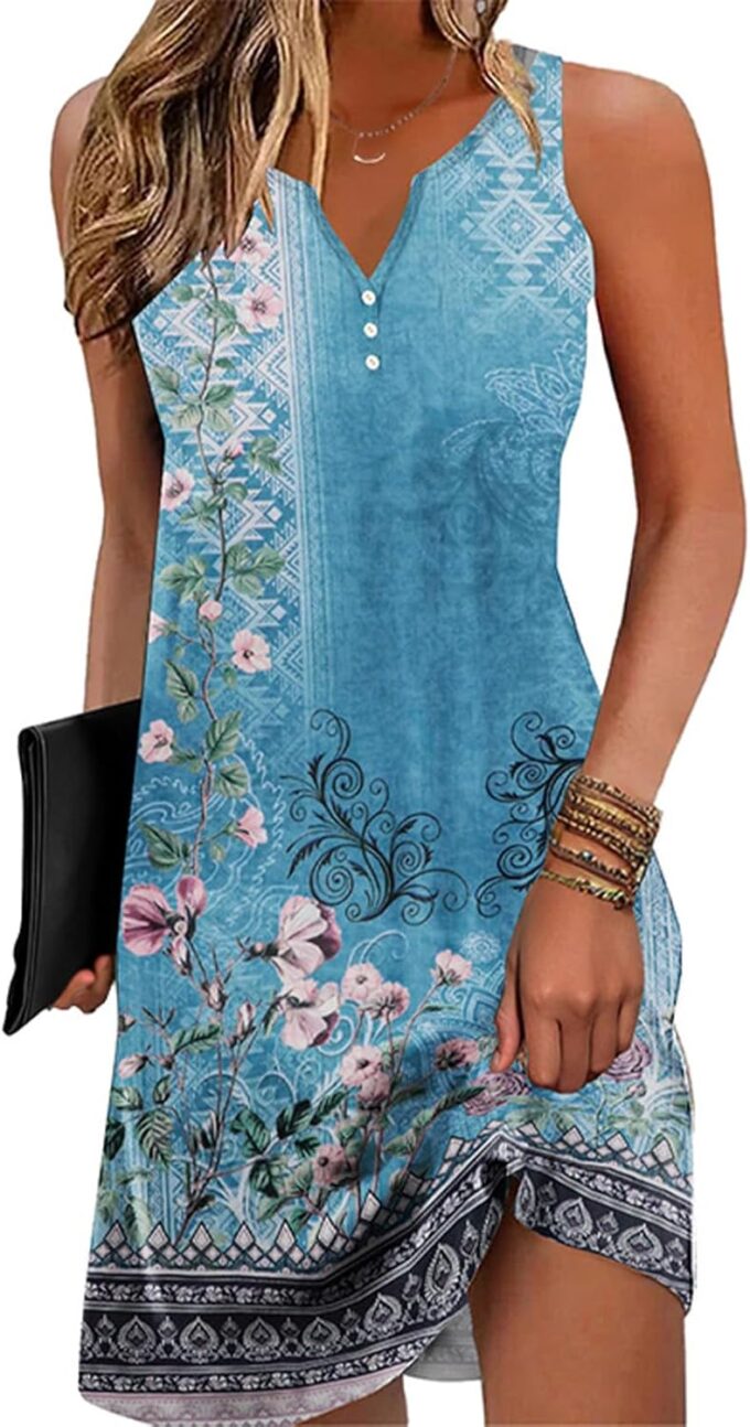 Disamer Womens Summer Dress 2025 Casual Button Down V Neck Sleeveless Boho Floral Beach Sundresses Vacation A-Line Dresses