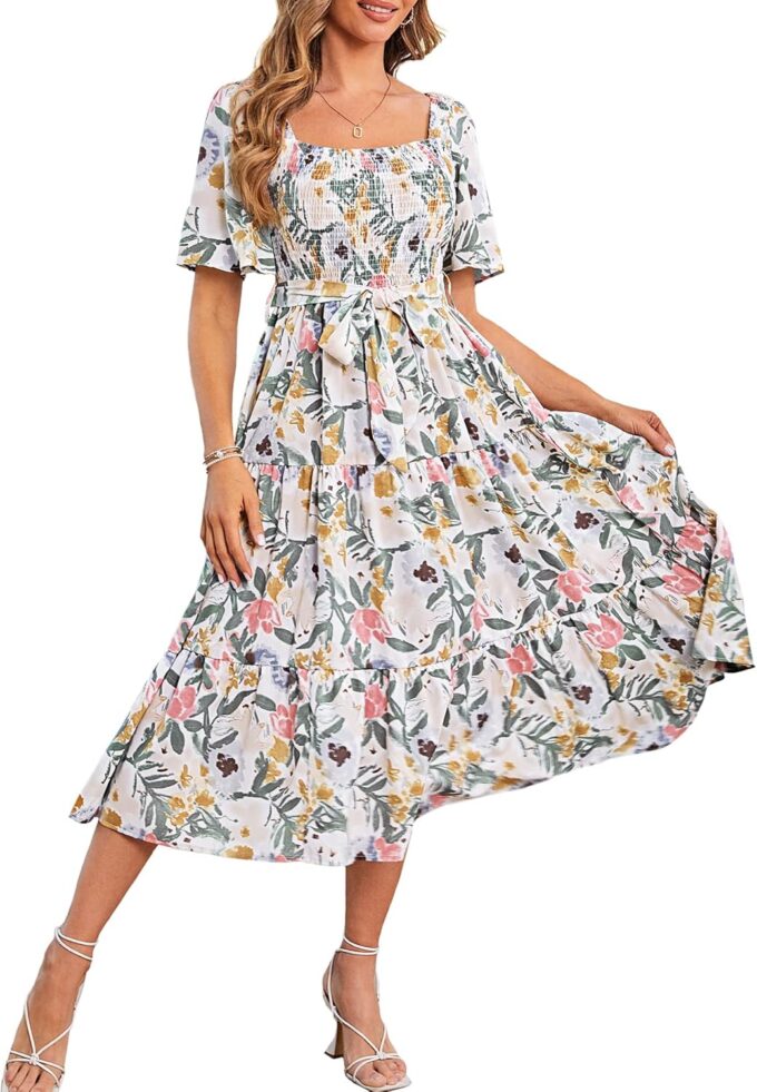 Amegoya Women's Boho Flowy Long Sleeve Square Neck Floral Midi Dress Smocked Spring Fall Wedding Guest Dresses – Bild 8