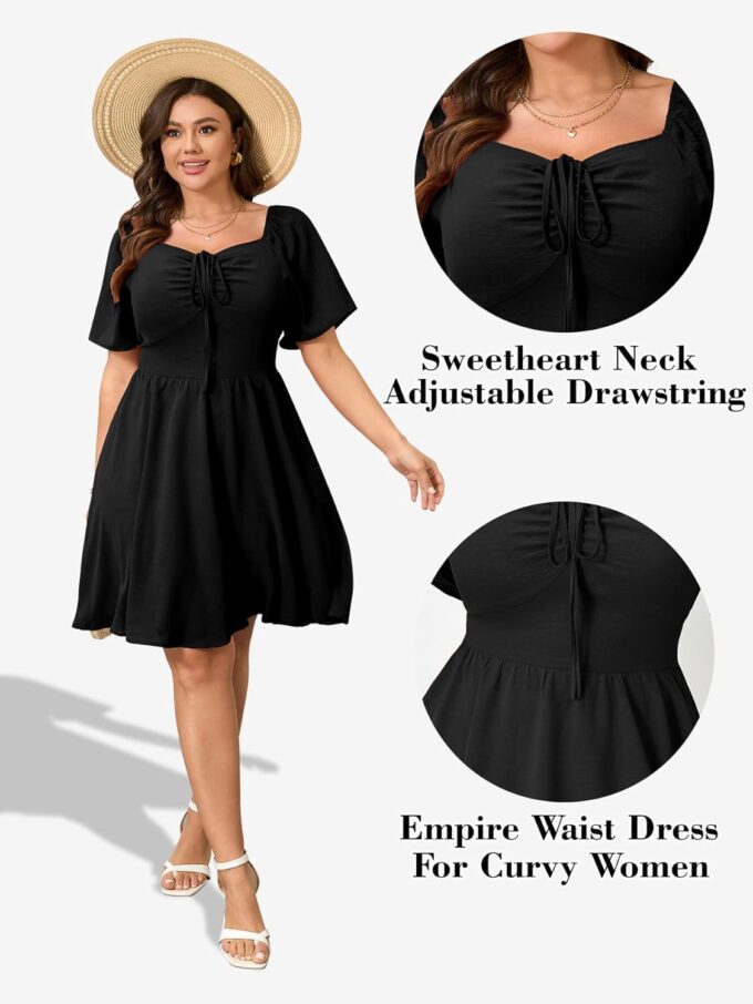 RWJ Women Plus Size Summer Dress Short Sleeve Tie Front Sweetheart Neck Wrap A-Line Casual Mini Wedding Guest Dresses 2025 – Bild 6