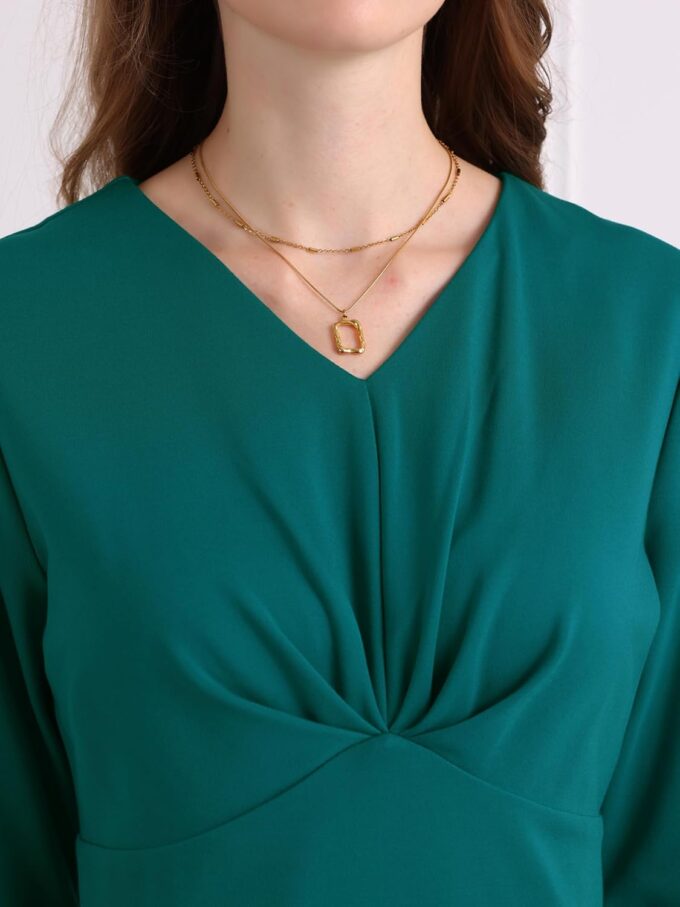 Hobemty Damen-Bleistiftkleid, 3/4-Ärmel, V-Ausschnitt, plissiert, vorne, Vintage-Stil, für die Arbeit – Bild 4