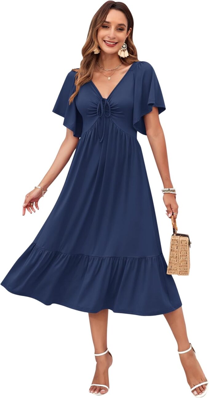 AUSELILY Women's 2025 New Summer Empire Waist Dress Drawstring Pleating Flutter Short Sleeve V Neck Midi Dresses – Bild 3