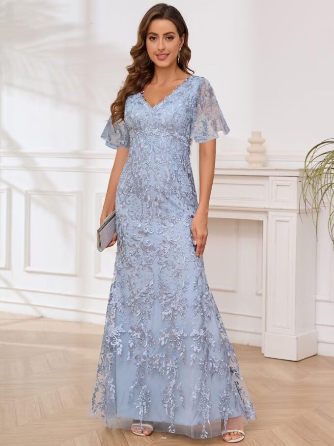 Lace Mermaid Mother of The Bride Dresses for Wedding Short Sleeve Formal Dress Evening Gowns – Bild 3