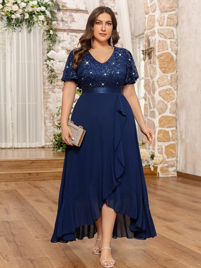 MISSMAY Women's Plus Size V Neck Sequin Lace Butterfly Sleeves Formal Evening Party Long Dress – Bild 4