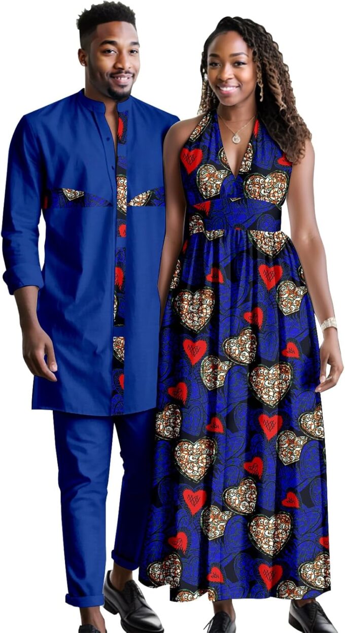 MaxPick Afrika Pärchen Herren Kurzarm Top Hose Damen Patchwork Kleid Ankara Stoff Brust Split Ausschnitt